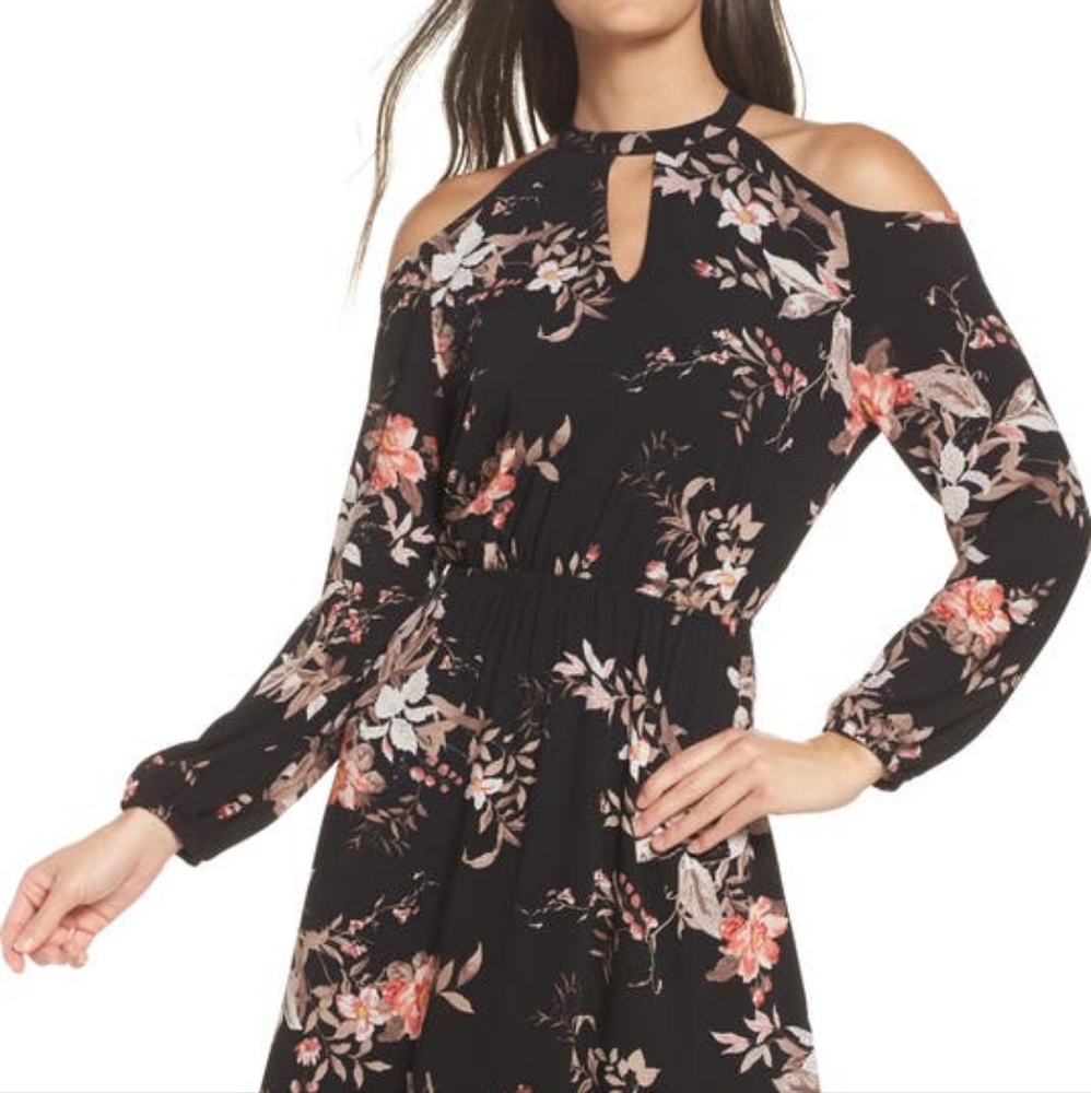 Fraiche by J| Cold Shoulder Navy Blue Foral Dress